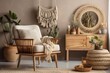 © AkuAku - Boho living room with design armchair, wooden antique commode with mirror, vase with flowers, beige macrame, books, and lovely accessories. Modern furnishings. Template. Generative AI