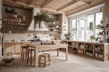 Bleached Wooden Kitchen With Island And Chairs. Shelves, Cabinets, And Parquet. Farmhouse Boho Decor,. Generative AI