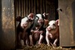 Family of small piglets with grey spots on skin in farm shed, created with generative ai