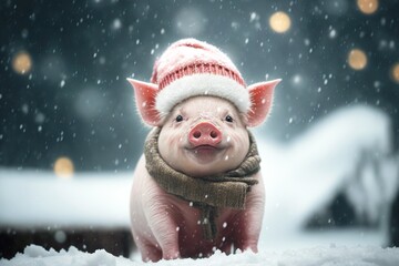 Wall Mural - Cute piglet in pink knitted hat and scarf in snow, created with generative ai