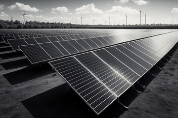 Wall Mural - Solar Farm. Green Fields Blue Sky, Sustainable Renewable Energy. Solar park on the field