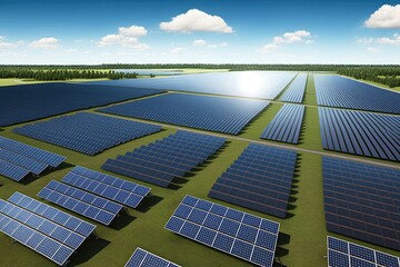 Solar Farm. Green Fields Blue Sky, Sustainable Renewable Energy. Solar park on the field