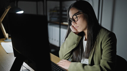 Sticker - Young beautiful hispanic woman business worker tired using computer working at office