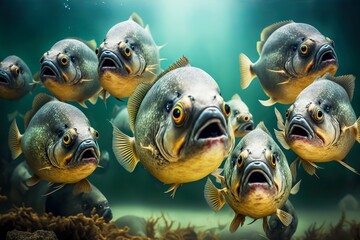 Sticker - School of fish consisting of aggressive predatory piranhas in river, created with generative ai