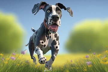 Poster - Cute Cartoon Great Dane Dog Running through a Meadow (Generative AI)