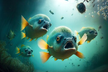 Sticker - Dangerous predatory piranhas with open mouths and yellow fins, created with generative ai