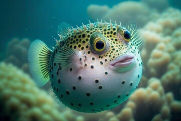 Sticker - Round as ball puffer fish floats in clear water of sea, created with generative ai