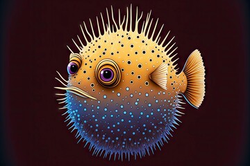 Sticker - Picture swollen like ball yellow puffer fish with sharp spikes, created with generative ai