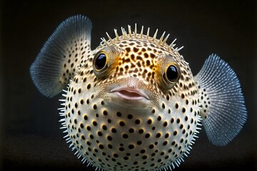 Sticker - Spherical puffer fish with black eyes on dark background, created with generative ai