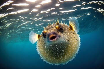 Sticker - Clear sea with floating bloated puffer fish with spikes, created with generative ai