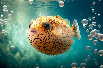 Sticker - Yellow orange puffer fish swims in sea among air bubbles, created with generative ai