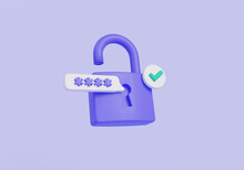 Purple Padlock With Password And Approved Icon. Data Protection, Private Access Icon, Password Security Access, Privacy Protection, Personal Information. Security Concept. 3d Rendering Illustration