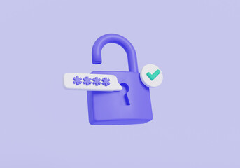 Purple padlock with password and approved icon. Data protection, private access icon, password security access, privacy protection, personal information. Security concept. 3d rendering illustration