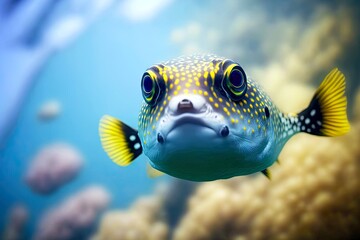 Sticker - Yellow brown puffer fish with yellow fins swims among stones, created with generative ai