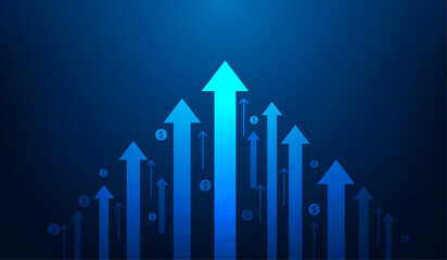 Wall Mural - arrow growth profit investments technology on dark blue background. speed arrow up to success. stock market graph trading. vector illustration fantastic technology.