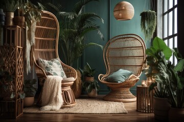 Canvas Print - Boho loft with rattan peacock chair. Generative AI