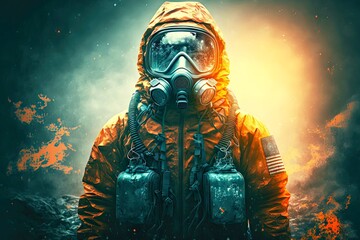 Wall Mural - Man in full protective gear with gas mask against background of ruins with radiation hazard, created with generative ai