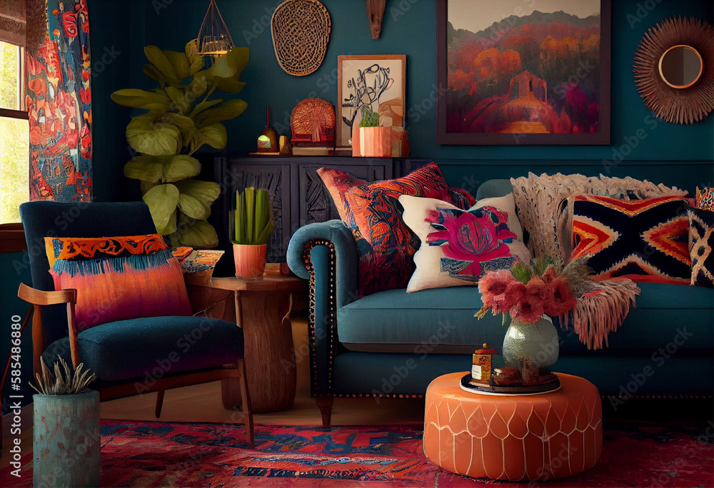 Interior design of a bohemian living room that is colorful and eclectic ...