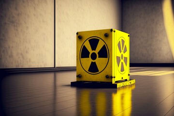 Wall Mural - Yellow square box with painted symbol of radiation hazard, created with generative ai