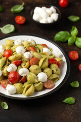 Wall Mural - Pesto Pasta Salad with Cherry Tomatoes and Mozzarella cheese. Healthy food.