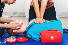 CPR Training ,Emergency And First Aid Class On Cpr Doll, Cardiopulmonary Resuscitation, One Part Of The Process Resuscitation On Unconscious Person.