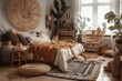 Beautiful boho apartment with hygge bedroom, cushion and comforter on bed, bamboo dressing screen, home décor, dry plants in vase, wicker basket, houseplant on floor. Generative AI