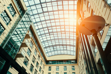 Glass roof in a modern building, roof in a shopping mall