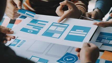 Close up ux developer and ui designer brainstorming about mobile app interface wireframe design on table with customer breif and color code at modern office.Creative digital development agency