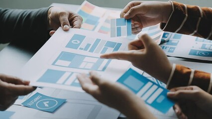 Close up ux developer and ui designer brainstorming about mobile app interface wireframe design on table with customer breif and color code at modern office.Creative digital development agency