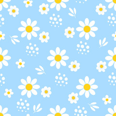 Sticker - Chamomile seamless pattern. Daisy girl print, springtime flowers trendy fabric texture. Decorative spring summer flower, nowaday vector background