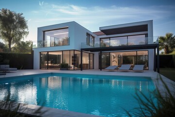 Modern luxury home with pool and garden at blue hour, generative ai