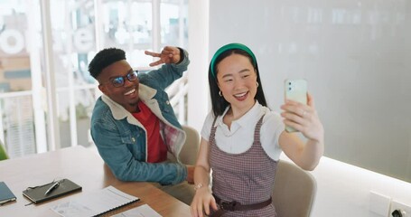 Wall Mural - Smile, friends and selfie with business people and phone with thumbs up, peace sign or wave on break. Diversity, social media and internet with black man and asian woman for teamwork, relax or mobile