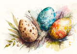 Fototapeta Mapy - Easter eggs in a basket. A watercolor painting of a basket of easter eggs. Generative AI