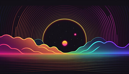 Wall Mural - alien planet and space abstract background with circles retro neon psychedelic background new quality stock image space illustration desktop wallpaper design, Generative AI
