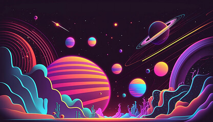 Wall Mural - alien planet and space abstract background with circles retro neon psychedelic background new quality stock image space illustration desktop wallpaper design, Generative AI