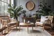 © AkuAku - Elegant living room with wooden armchairs and houseplants. Generative AI