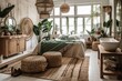 © AkuAku - White and green bohemian wooden bedroom and bathroom. Bed, bathtub, jute mat, potted plants. Shutters. Rustic interior design,. Generative AI