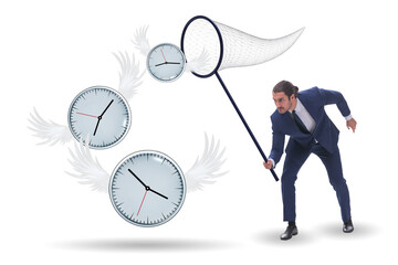 Wall Mural - Deadline concept with businessman catching clocks