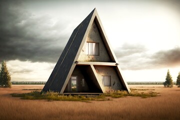 Poster - A-frame cabin in modern architectural style in open field, created with generative ai