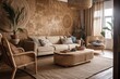 © AkuAku - Bohemian parquet and wallpaper living room. Sofa, jute carpet, rattan armchair. Boho interior design, plan, above,. Generative AI