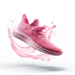 Flying pink leather womens sneaker isolated on white background. 