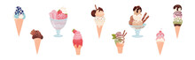 Tasty Ice Cream In Waffle Cone And Cup As Sweetened Frozen Food Vector Set