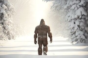 Sticker - Huge bigfoot with thick woolen skin walks through snow-covered forest, created with generative ai