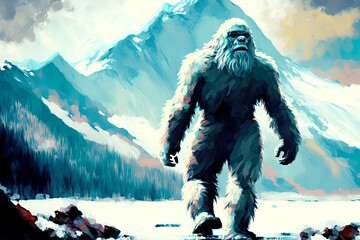 Sticker - Mountain mystical monster bigfoot stands on snowy slope, created with generative ai