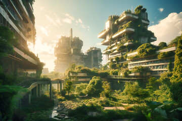 The green futuristic city is a bustling metropolis where towering buildings are adorned with vertical gardens, purifying the air and providing a sanctuary for local wildlife