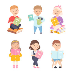 Sticker - Little Boy and Girl Enjoying Reading Book and Fiction Story Vector Set