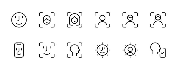 Face identification and recognition related line icon set. Technology scan access protection linear icons. Biometric authentication sign outline vector 