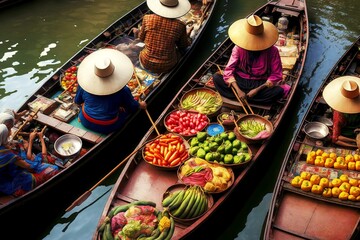 Wall Mural - Fruit sellers in big hats on boats at floating market, created with generative ai