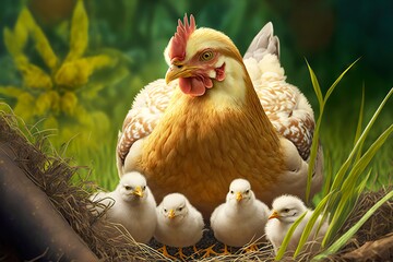 Wall Mural - Yellow chicken with cute fluffy chicks in nest, created with generative ai