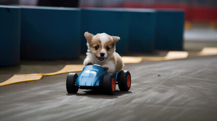  A puppy dog driving a vintage pedal car. Generative ai and digital editing.
